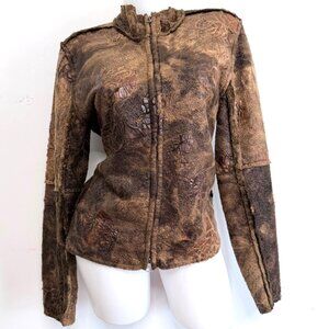 True Grit Brown Floral Rose Brown Faux Fur Jacket Size Large